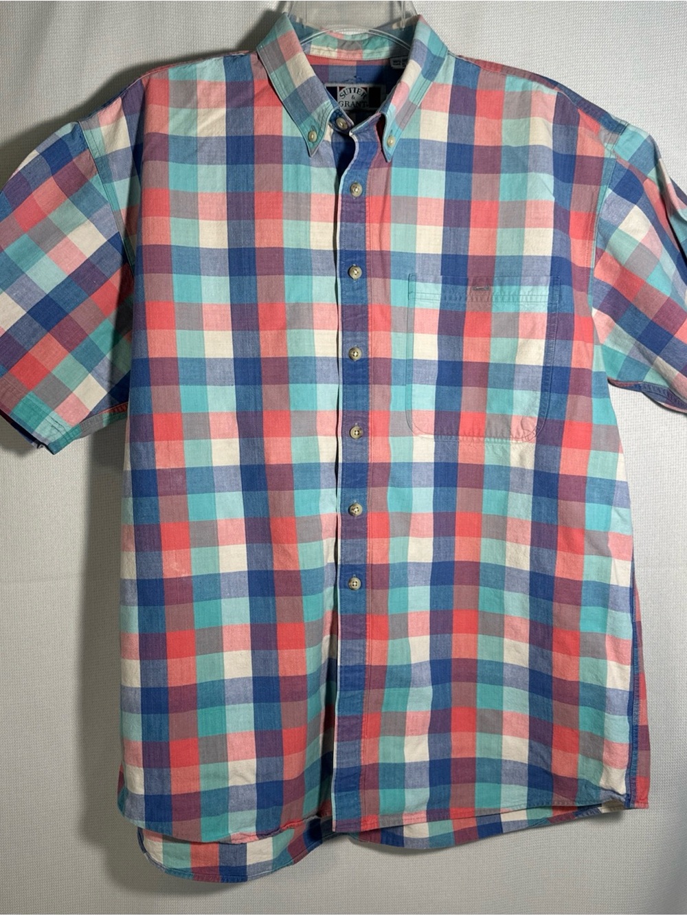 Short-Sleeve Plaid Button-Down Shirt in Coral, Aqua & Blue - Classic Casual